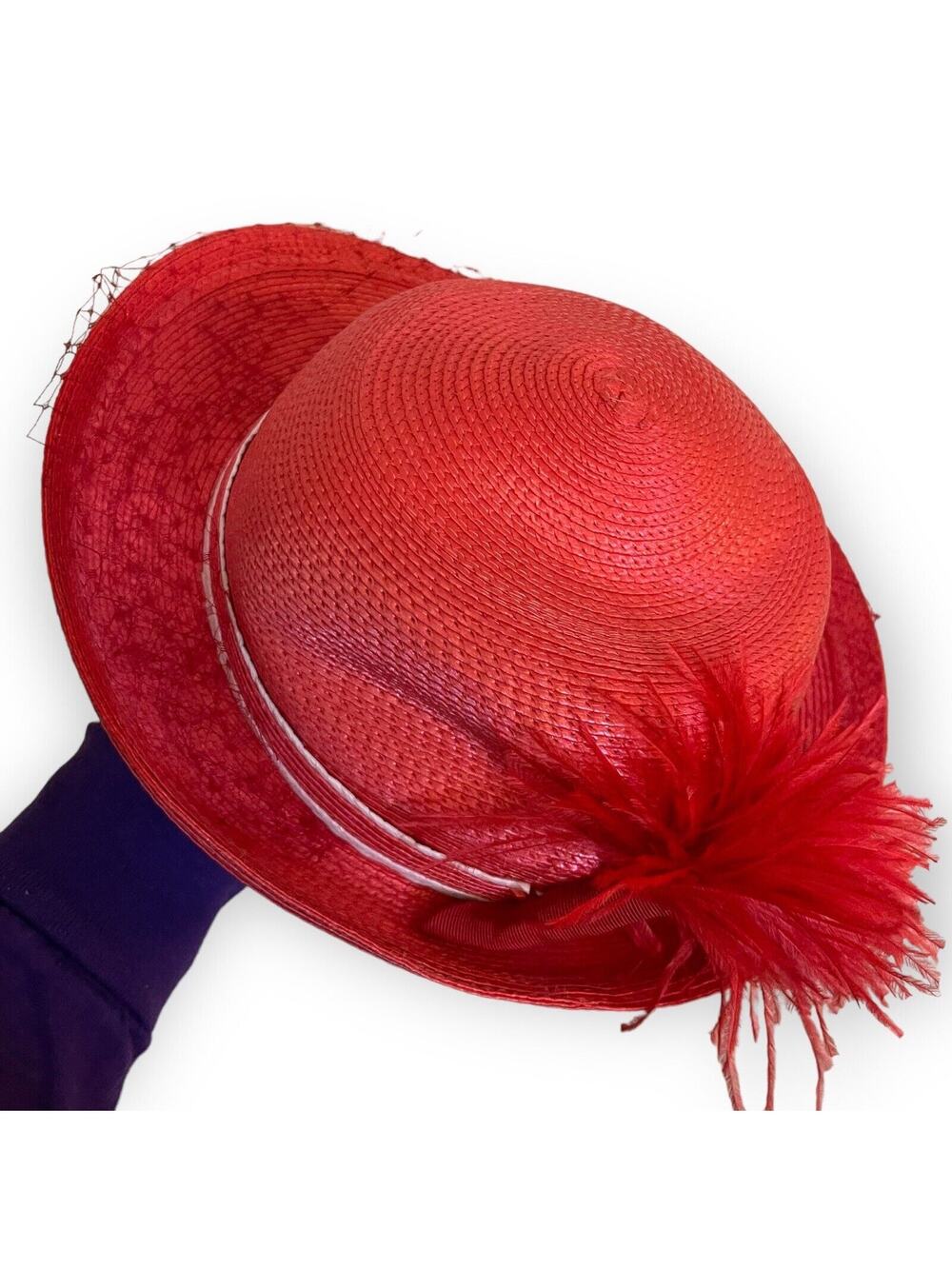 Designed By Sylvia NY Derby Hat Womens Red Straw Fascinators Woven VTG Feathers